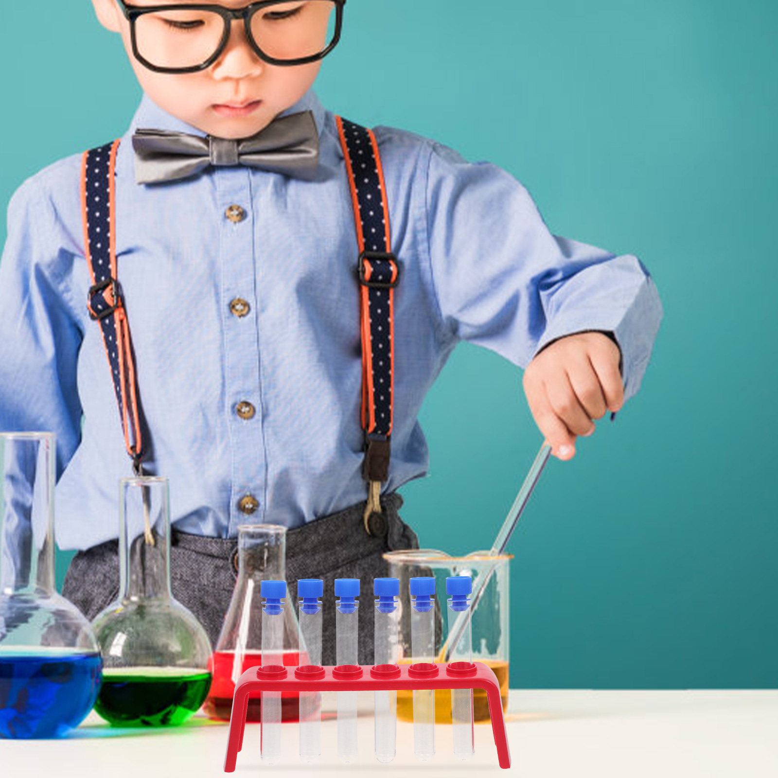 Science Kit - 6-teiliges Wissenschaftsexperiment-Set, Kunststoff-Reagenzgläser, Halter, Deckel, transparente